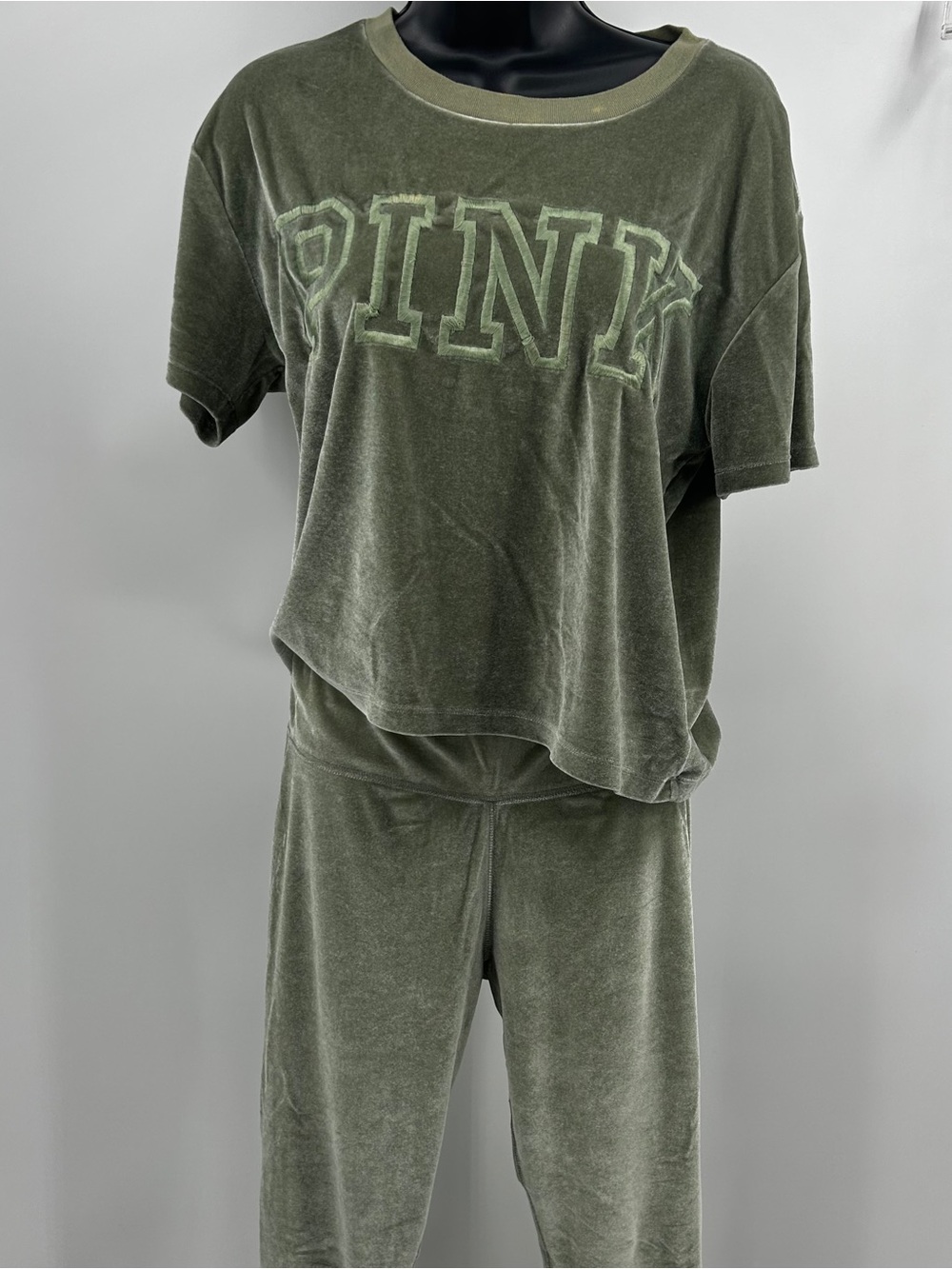 PINK Victoria's Secret Olive Green Velour 2 Piece Set Crop Top Jogger Pants M
